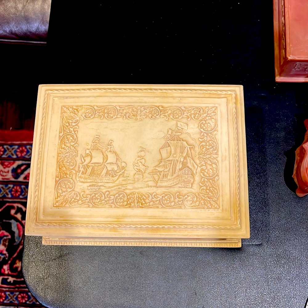 Vintage 19th Century Incolay Stone Box in Neutral colors and Clipper Ships Scene
